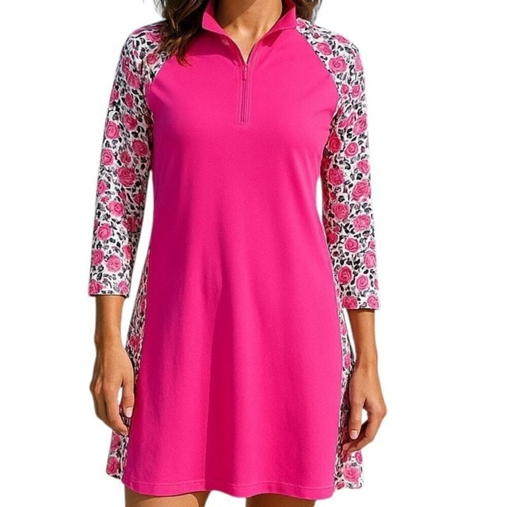 SAN SOLEIL Golf Dress with shorts Medium Pink Floral 1/4 Zip UPV 50 NWT $139 - Picture 5 of 13